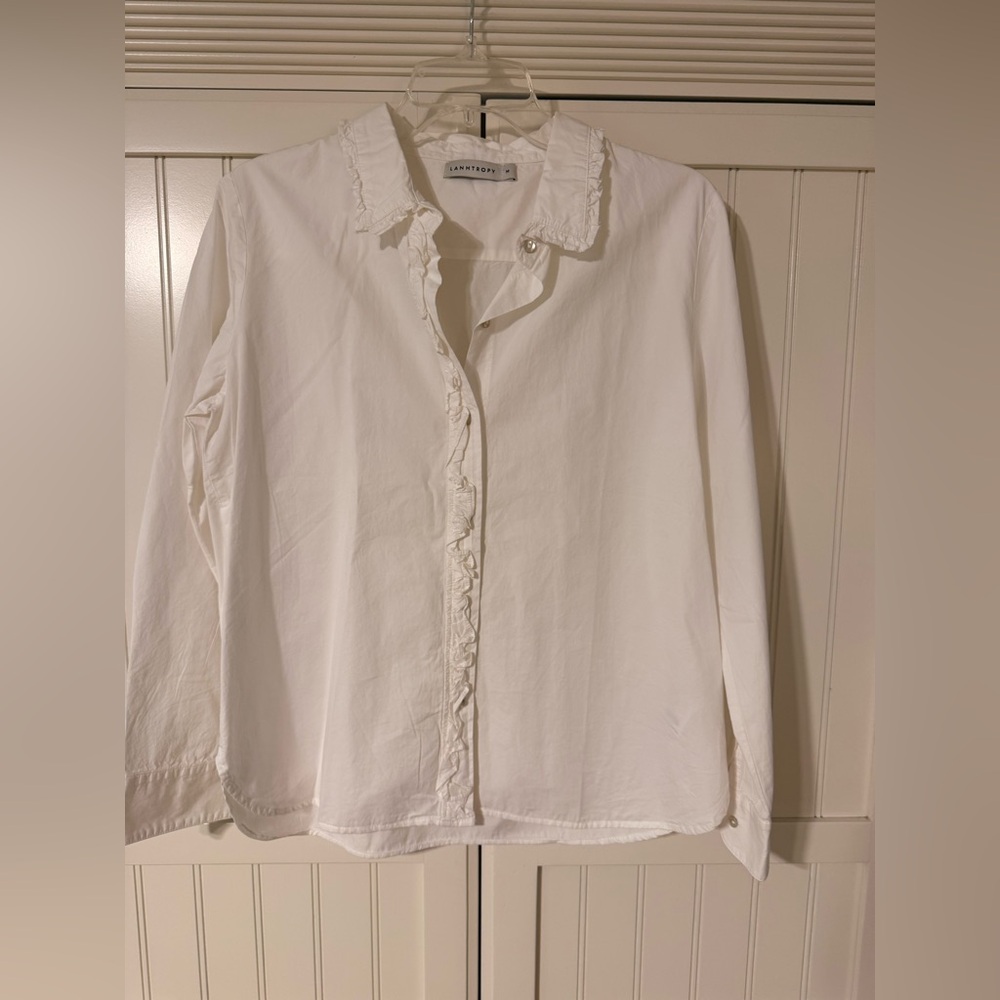 Lanhtropy White Ruffle-Trim Button-Down Shirt size Medium